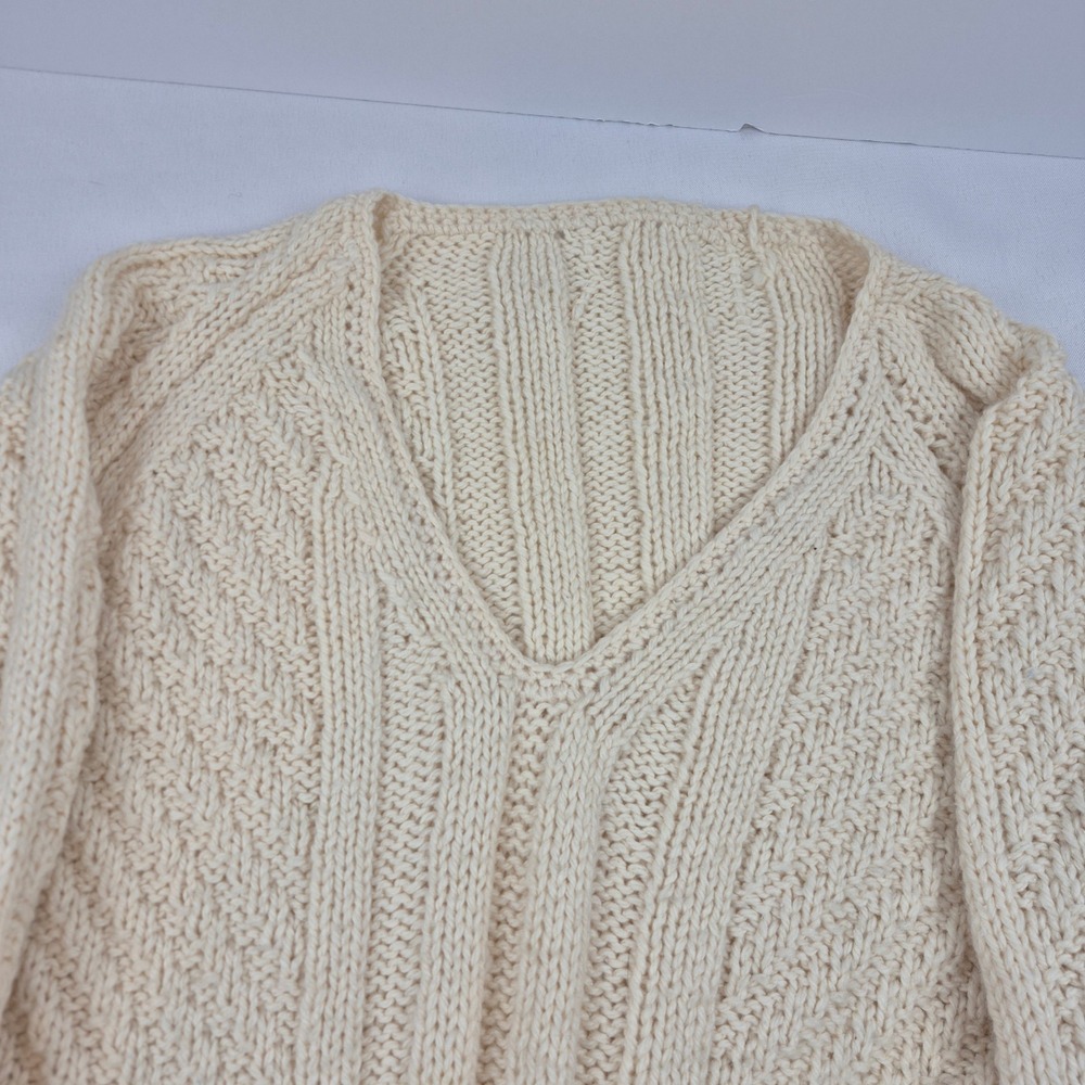 Handmade Knit Sweater M Ivory‎ Cable V Neck Drawstring Hem VTG Y2K Cottagecore - Picture 4 of 12